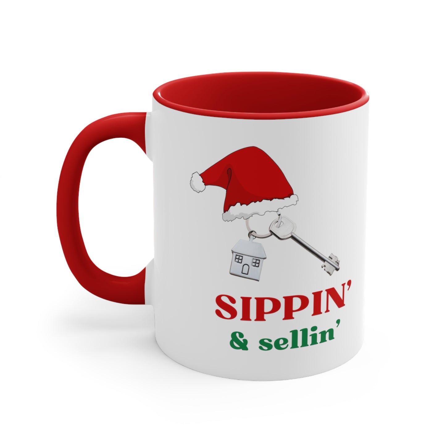 Sippin' & Sellin' Santa Hat on House with Key Holiday theme Christmas Gift Coffee Mug, 11oz in eye-catching 2-tone color scheme