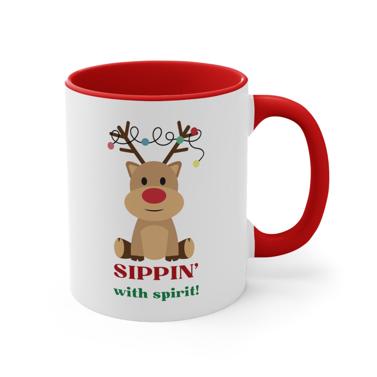 Sippin' with Spirit Red Nosed Reindeer Color Lights Holiday theme Christmas Gift Coffee Mug, 11oz in eye-catching 2-tone color scheme