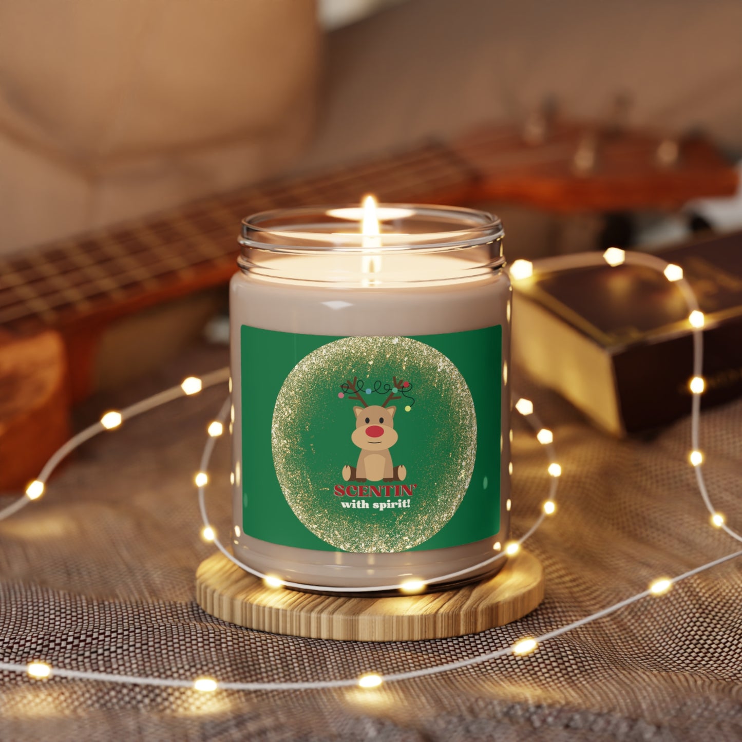 Red Nosed Reindeer "Scentin' with spirit" Christmas theme Scented Soy Candle, 9oz, in 2 Scents to choose from: Apple Harvest & Cinnamon Vanilla