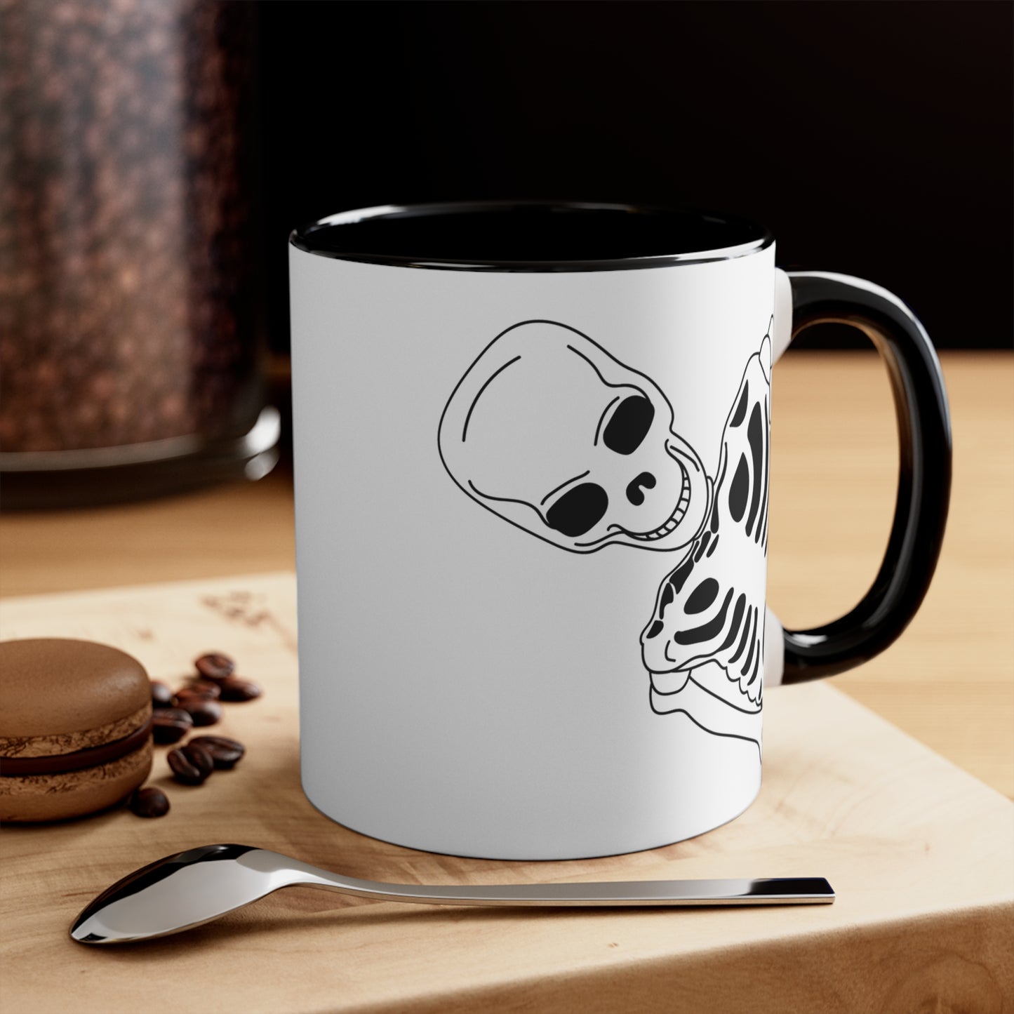 SIPPIN' with SPIRITS - Skeleton Halloween theme Coffee Mug, 11oz with comfortable C-handle in eye-catching 2-tone color scheme