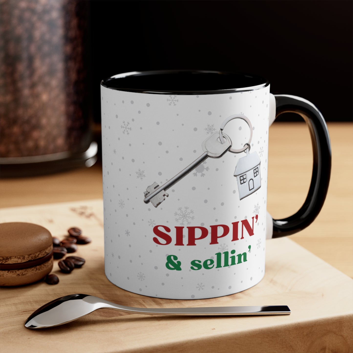 Sippin' & Sellin' House with Key, Snowflake Holiday theme Christmas Gift Coffee Mug, 11oz in eye-catching 2-tone color scheme