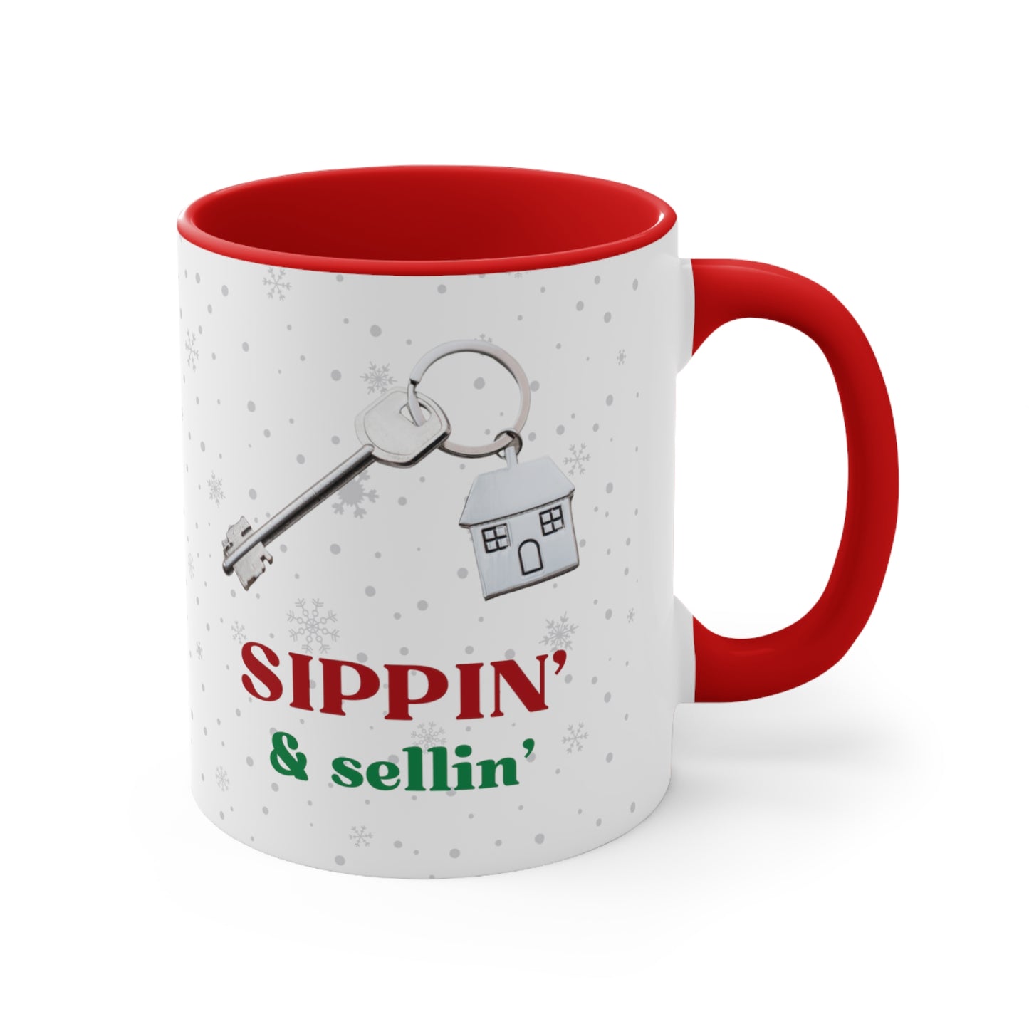Sippin' & Sellin' House with Key, Snowflake Holiday theme Christmas Gift Coffee Mug, 11oz in eye-catching 2-tone color scheme