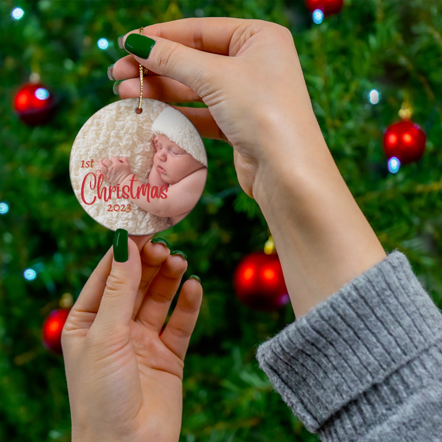 Baby's 1st Christmas Ornament, Baby wearing Santa Hat: Ceramic Glossy Finish for Baby's First Christmas this 2023 holiday season!