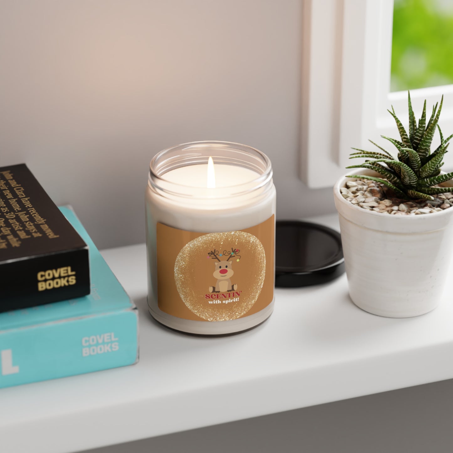 Red Nosed Reindeer "Scentin' with spirit" Christmas theme Scented Soy Candle, 9oz, in 2 Scents to choose from: Apple Harvest & Cinnamon Vanilla