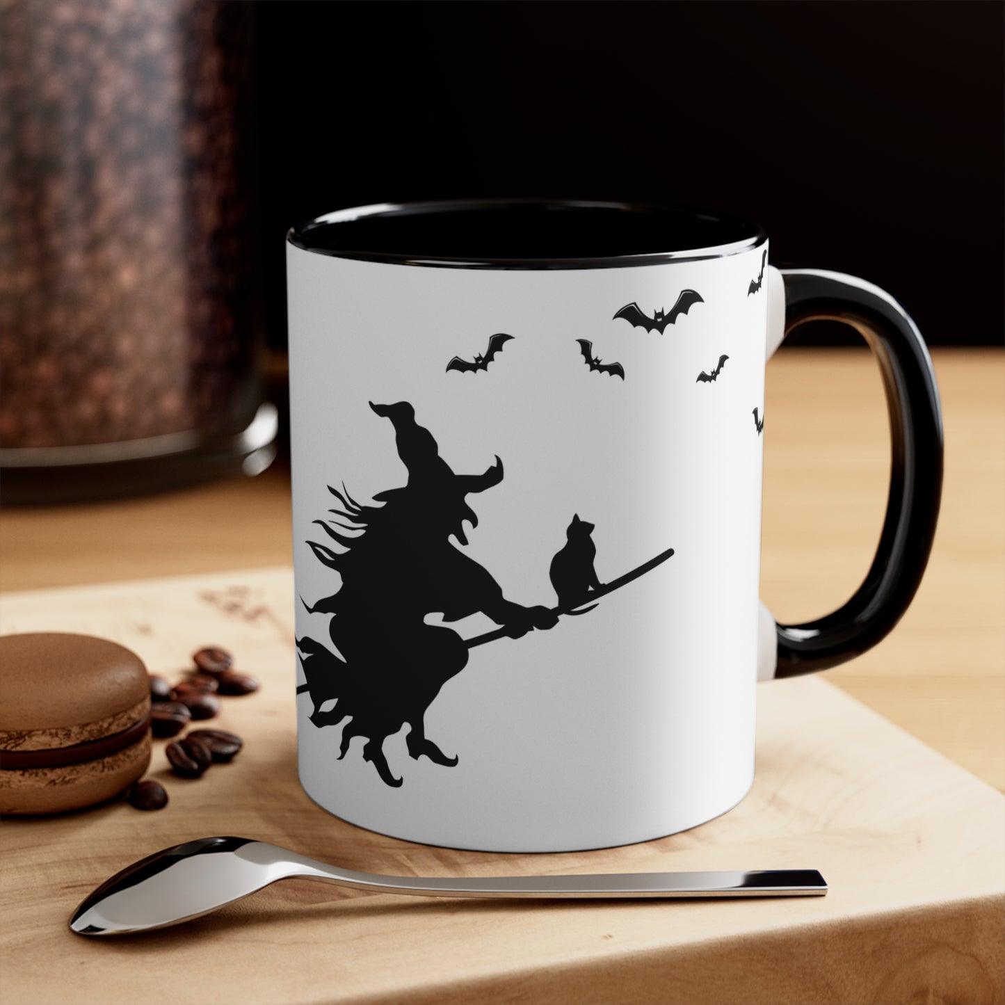 Coffee & Cauldrons - Witch on Broom Halloween theme Coffee Mug, 11oz with comfortable C-handle in eye-catching 2-tone color scheme