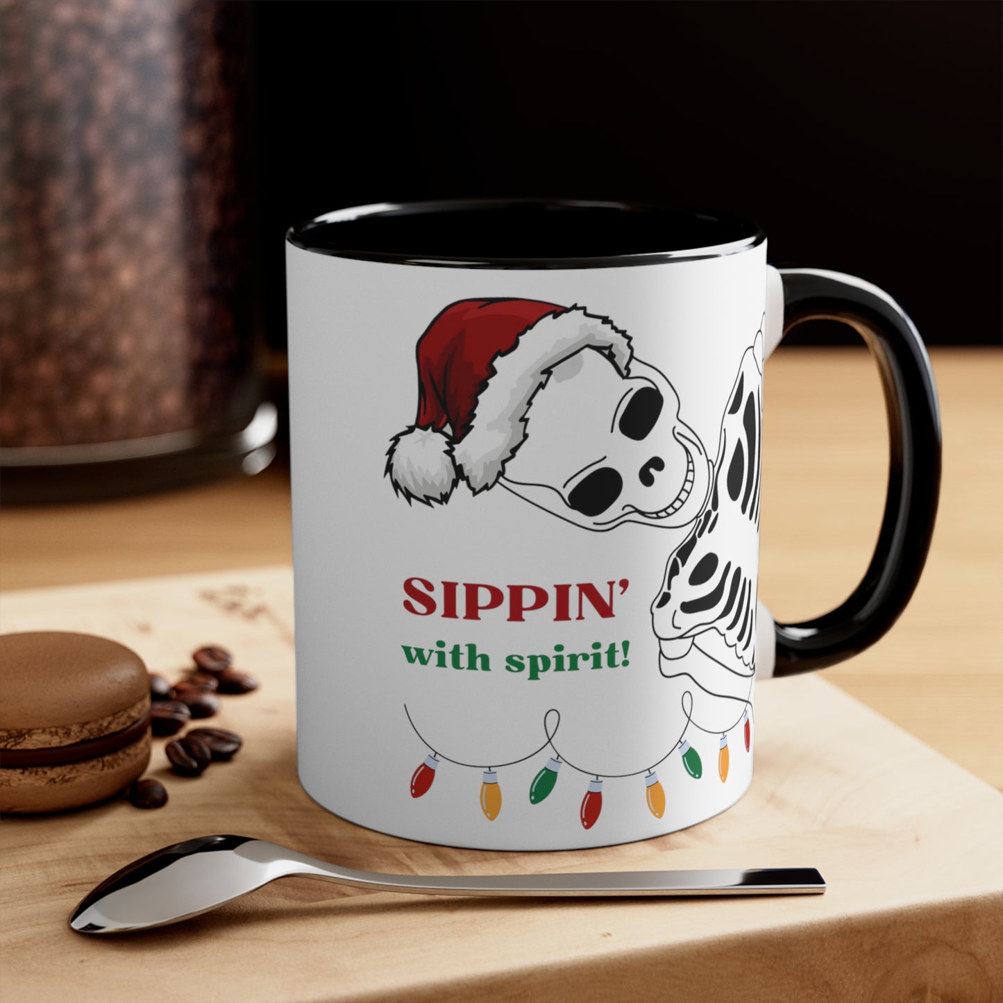 Sippin' with Spirit Skeleton in Santa Hat Color Lights Holiday theme Christmas Gift Coffee Mug, 11oz in eye-catching 2-tone color scheme