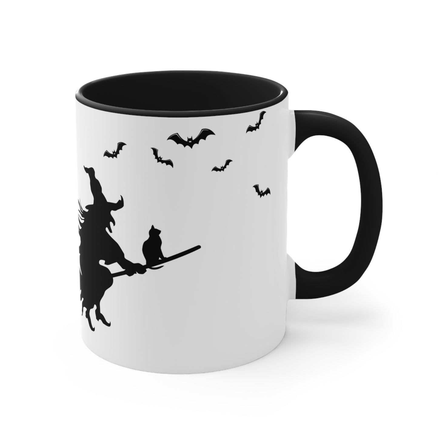 Coffee & Cauldrons - Witch on Broom Halloween theme Coffee Mug, 11oz with comfortable C-handle in eye-catching 2-tone color scheme