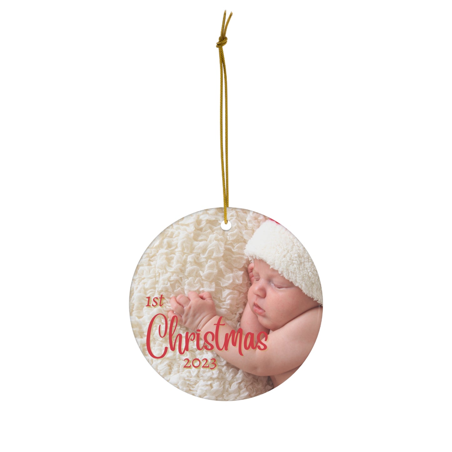 Baby's 1st Christmas Ornament, Baby wearing Santa Hat: Ceramic Glossy Finish for Baby's First Christmas this 2023 holiday season!