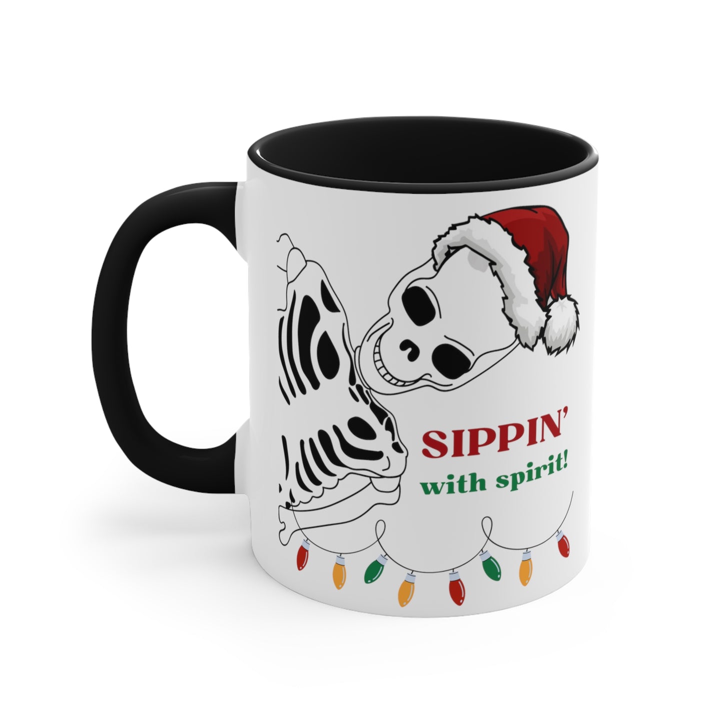 Sippin' with Spirit Skeleton in Santa Hat Color Lights Holiday theme Christmas Gift Coffee Mug, 11oz in eye-catching 2-tone color scheme