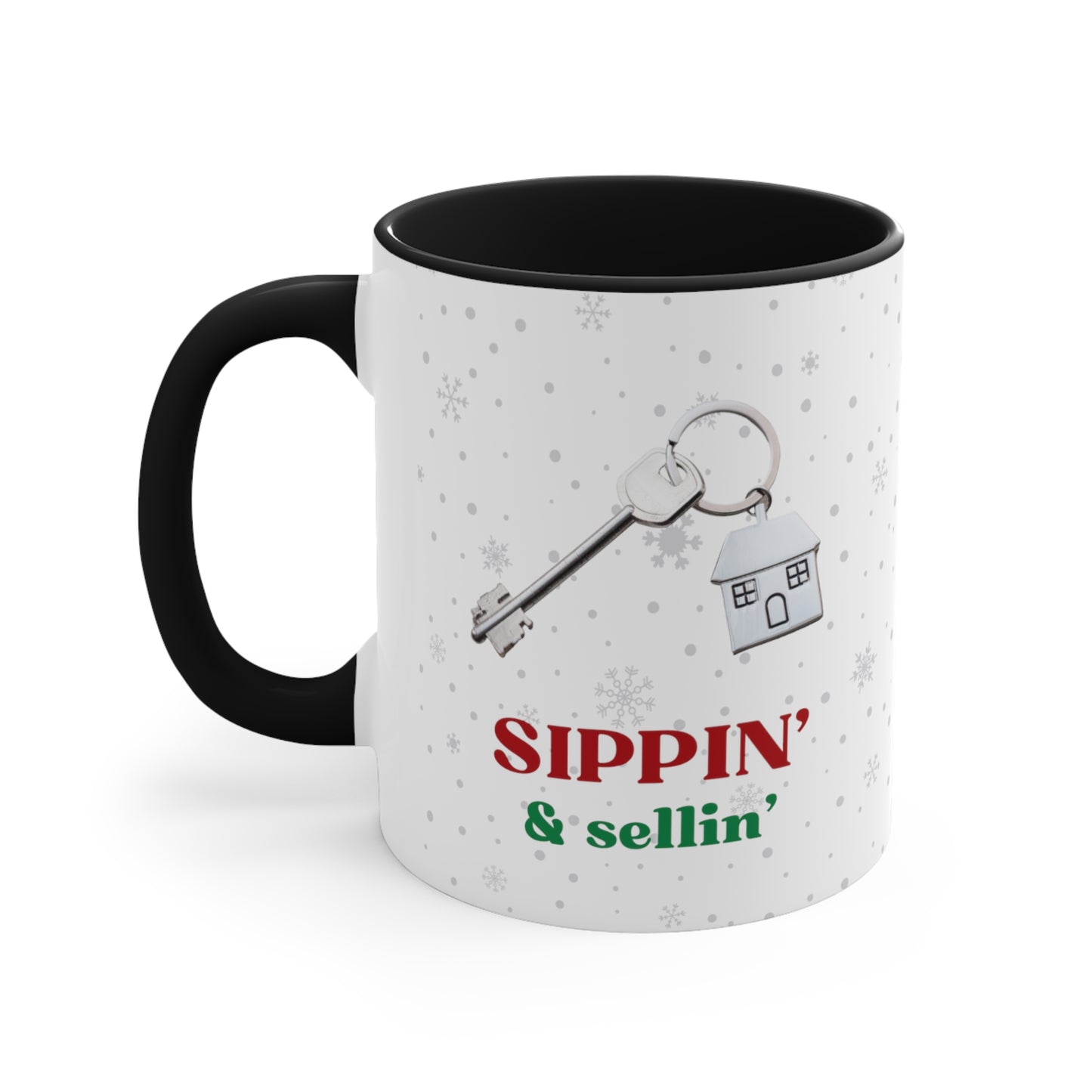 Sippin' & Sellin' House with Key, Snowflake Holiday theme Christmas Gift Coffee Mug, 11oz in eye-catching 2-tone color scheme
