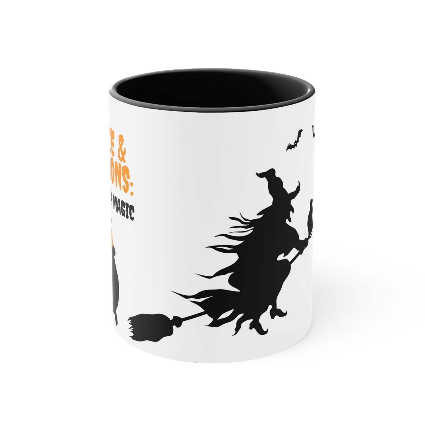 Coffee & Cauldrons - Witch on Broom Halloween theme Coffee Mug, 11oz with comfortable C-handle in eye-catching 2-tone color scheme