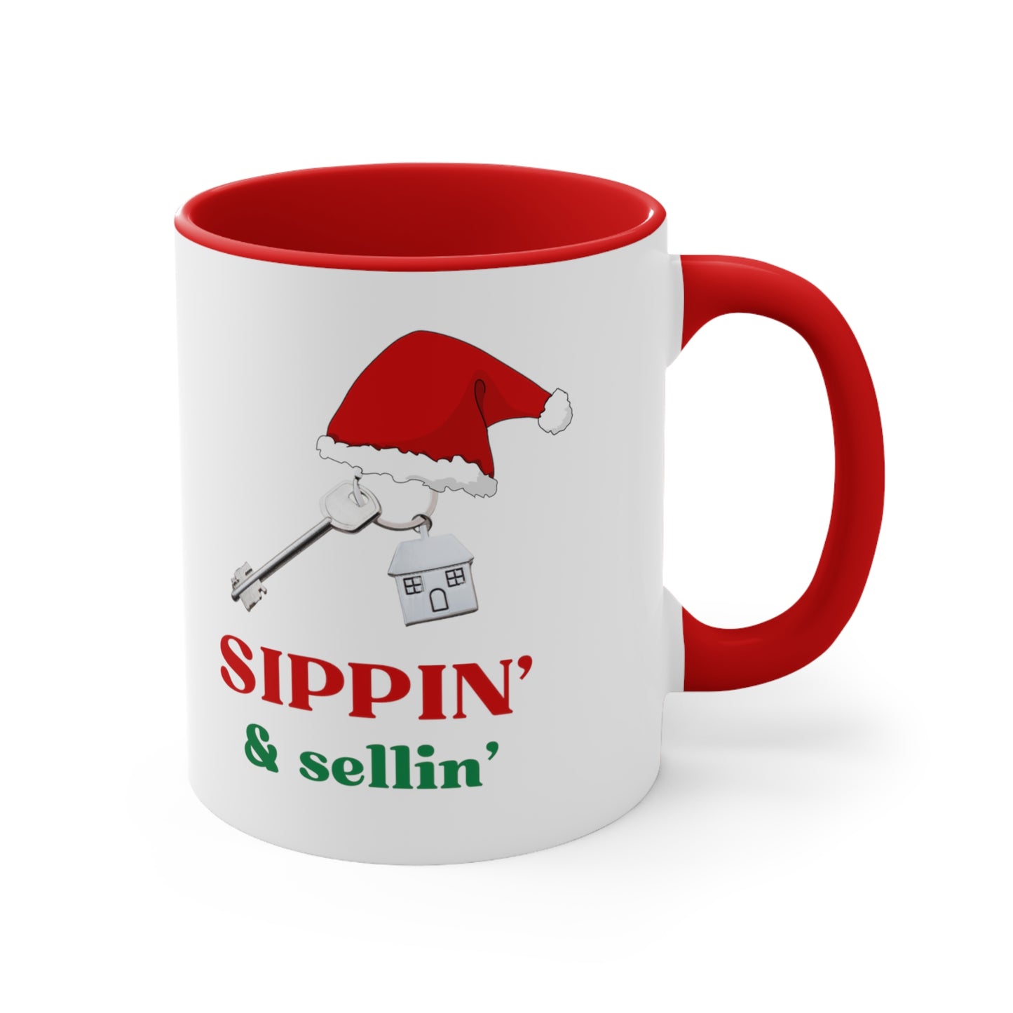 Sippin' & Sellin' Santa Hat on House with Key Holiday theme Christmas Gift Coffee Mug, 11oz in eye-catching 2-tone color scheme