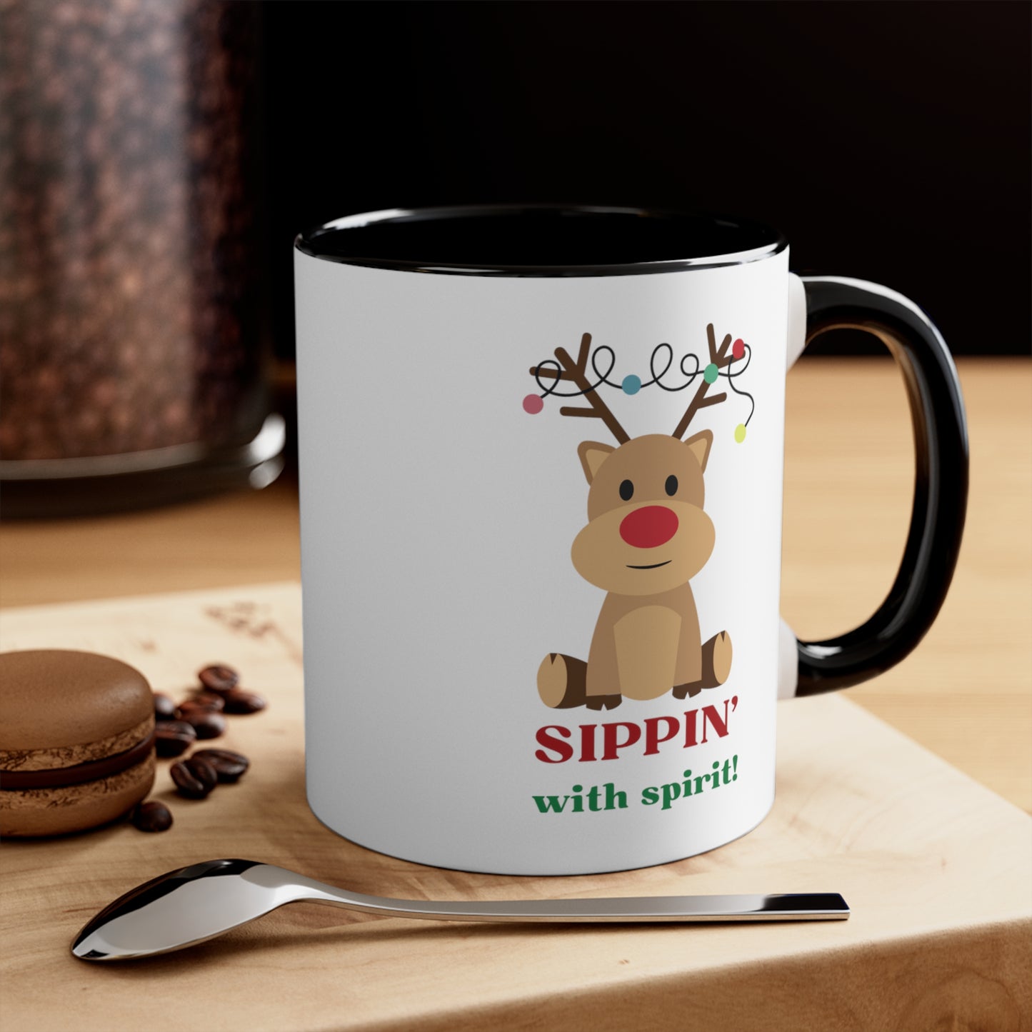 Sippin' with Spirit Red Nosed Reindeer Color Lights Holiday theme Christmas Gift Coffee Mug, 11oz in eye-catching 2-tone color scheme
