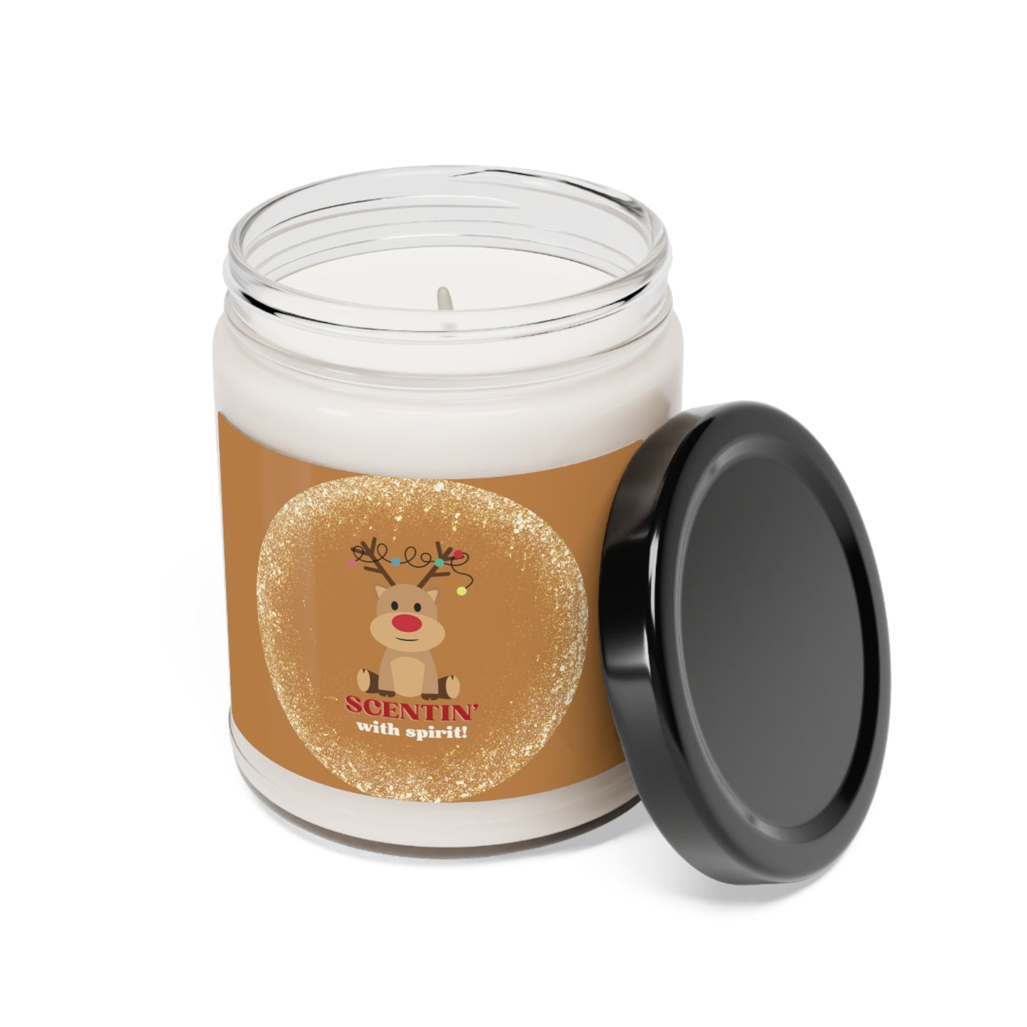Red Nosed Reindeer "Scentin' with spirit" Christmas theme Scented Soy Candle, 9oz, in 2 Scents to choose from: Apple Harvest & Cinnamon Vanilla