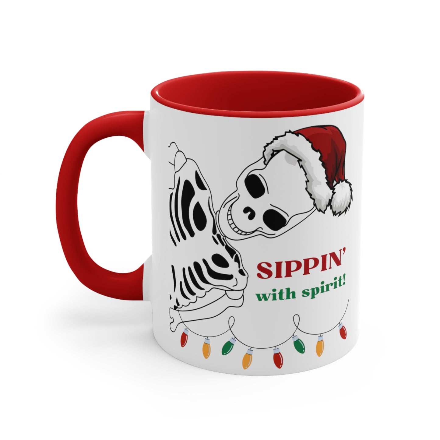 Sippin' with Spirit Skeleton in Santa Hat Color Lights Holiday theme Christmas Gift Coffee Mug, 11oz in eye-catching 2-tone color scheme