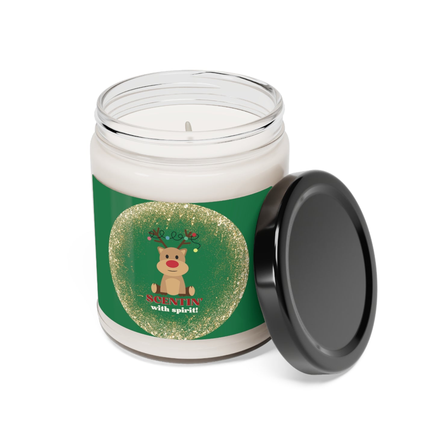 Red Nosed Reindeer "Scentin' with spirit" Christmas theme Scented Soy Candle, 9oz, in 2 Scents to choose from: Apple Harvest & Cinnamon Vanilla