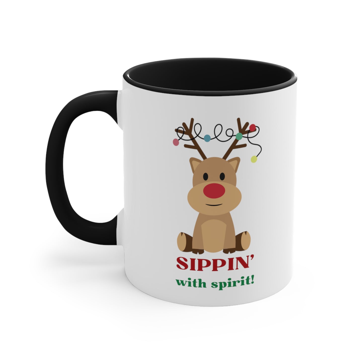 Sippin' with Spirit Red Nosed Reindeer Color Lights Holiday theme Christmas Gift Coffee Mug, 11oz in eye-catching 2-tone color scheme