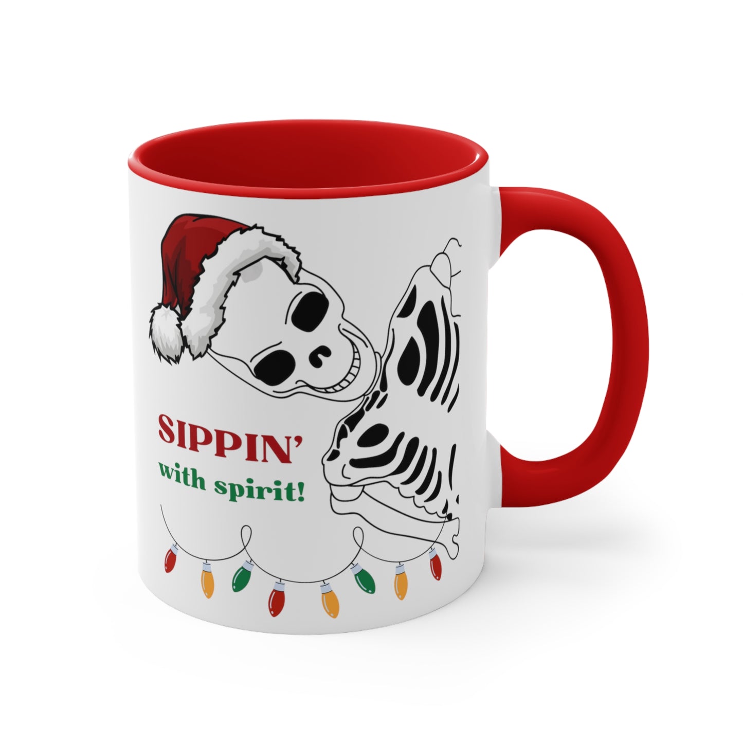 Sippin' with Spirit Skeleton in Santa Hat Color Lights Holiday theme Christmas Gift Coffee Mug, 11oz in eye-catching 2-tone color scheme
