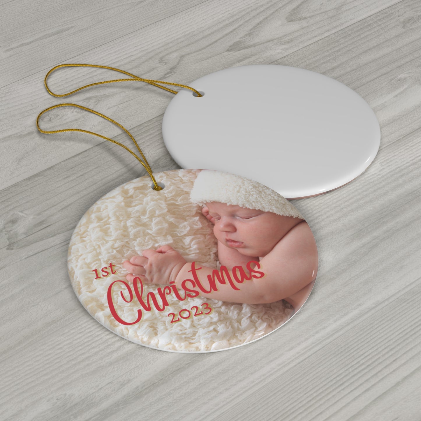 Baby's 1st Christmas Ornament, Baby wearing Santa Hat: Ceramic Glossy Finish for Baby's First Christmas this 2023 holiday season!