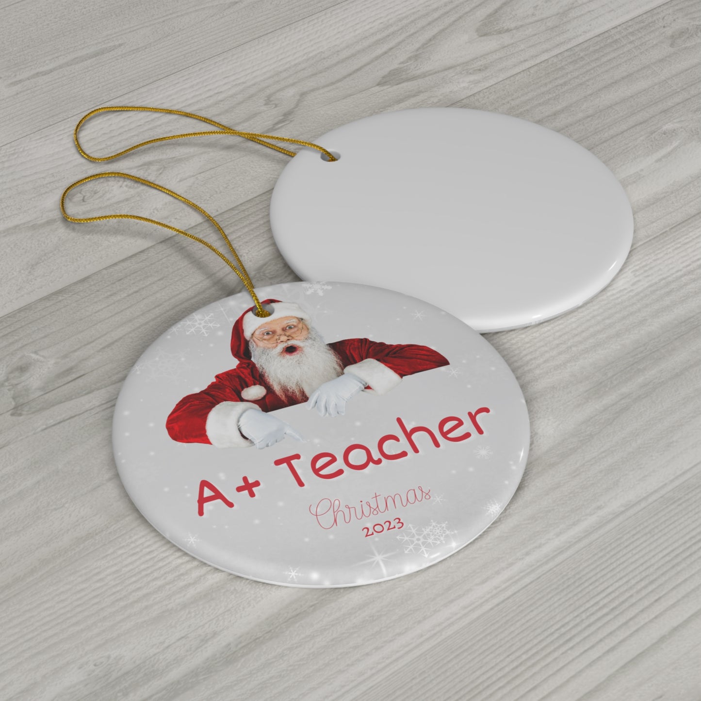 A+ Teacher Christmas Ornament SANTA Twinkle Accent in Ceramic Glossy Finish for Best Teacher Ever Gift this 2023 holiday season!