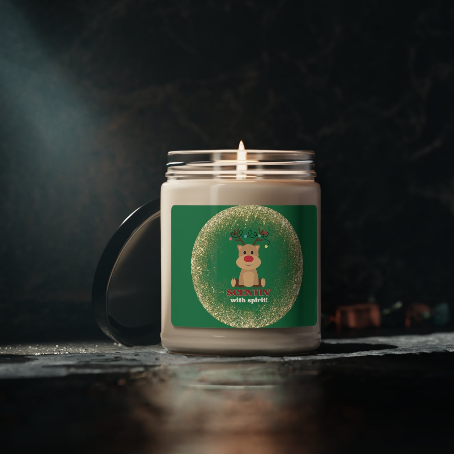 Red Nosed Reindeer "Scentin' with spirit" Christmas theme Scented Soy Candle, 9oz, in 2 Scents to choose from: Apple Harvest & Cinnamon Vanilla