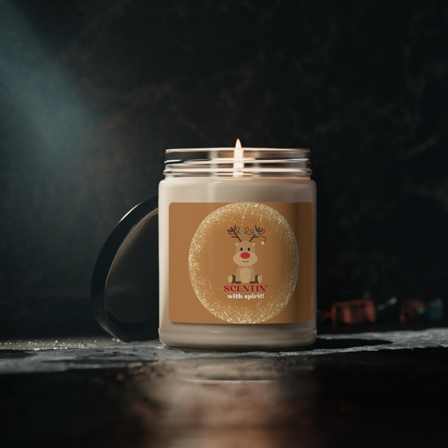Red Nosed Reindeer "Scentin' with spirit" Christmas theme Scented Soy Candle, 9oz, in 2 Scents to choose from: Apple Harvest & Cinnamon Vanilla