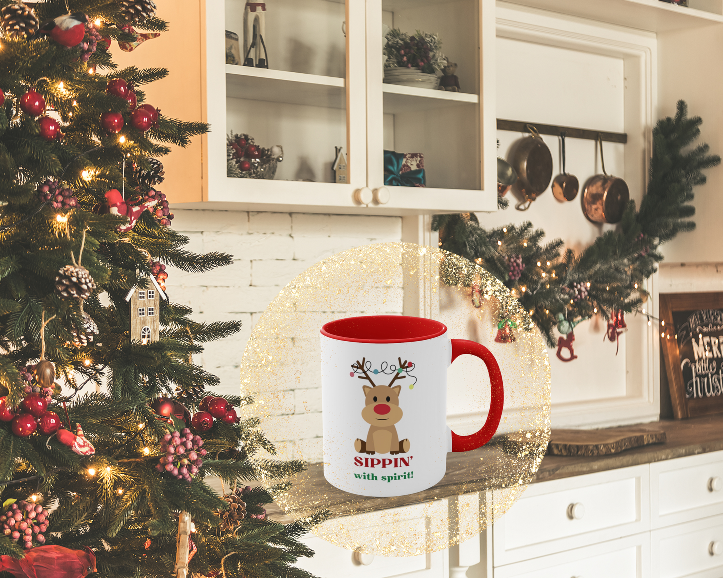 Sippin' with Spirit Red Nosed Reindeer Color Lights Holiday theme Christmas Gift Coffee Mug, 11oz in eye-catching 2-tone color scheme