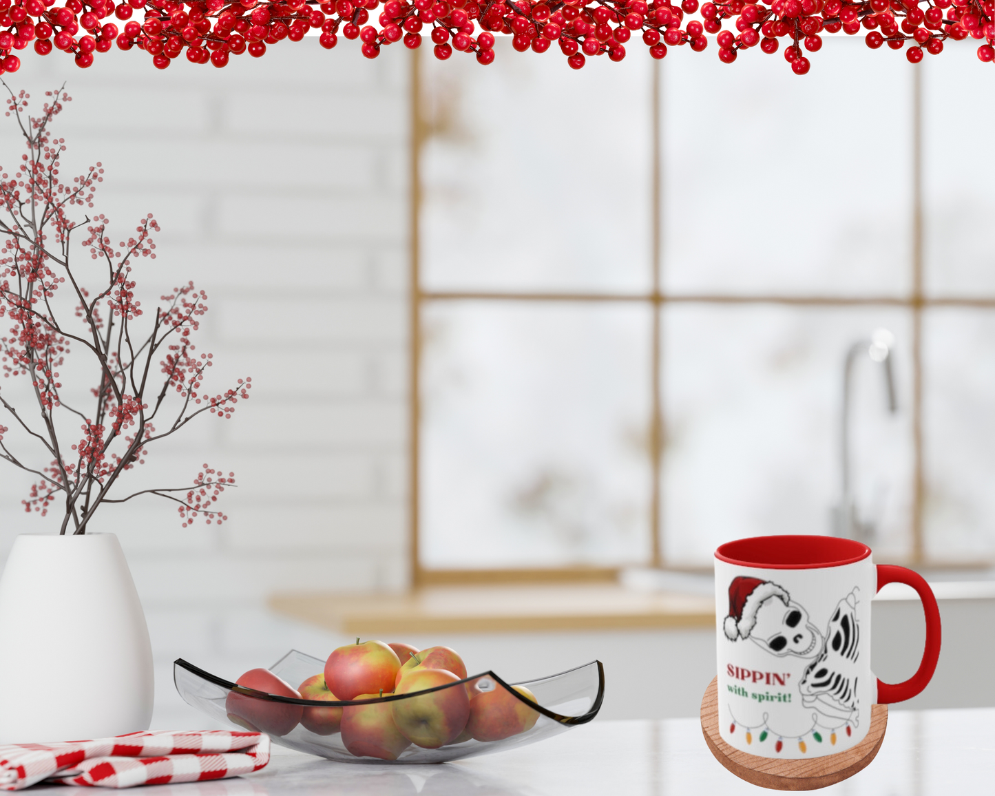 Sippin' with Spirit Skeleton in Santa Hat Color Lights Holiday theme Christmas Gift Coffee Mug, 11oz in eye-catching 2-tone color scheme