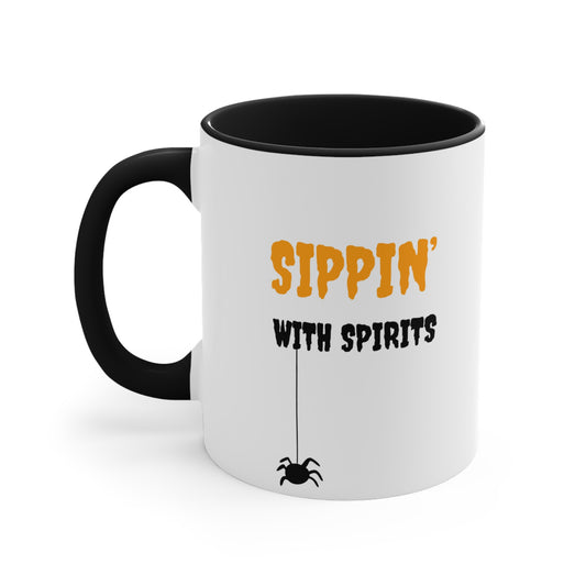 SIPPIN' with SPIRITS - Skeleton Halloween theme Coffee Mug, 11oz with comfortable C-handle in eye-catching 2-tone color scheme