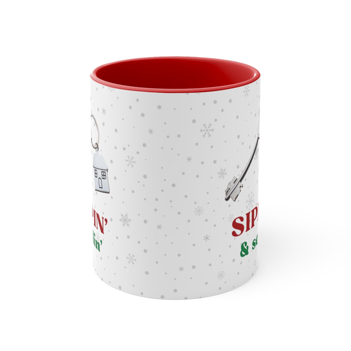 Sippin' & Sellin' House with Key, Snowflake Holiday theme Christmas Gift Coffee Mug, 11oz in eye-catching 2-tone color scheme