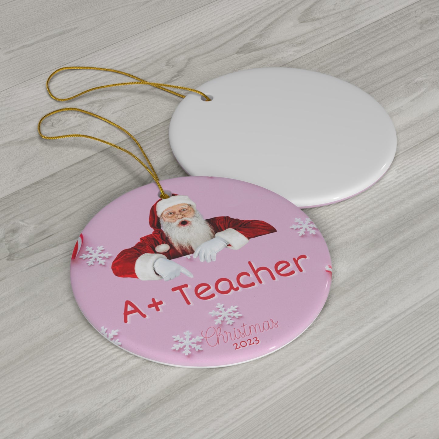 A+ Teacher Christmas Ornament SANTA Candy Cane Accent in Ceramic for Best Teacher Ever Gift this 2023 holiday season!