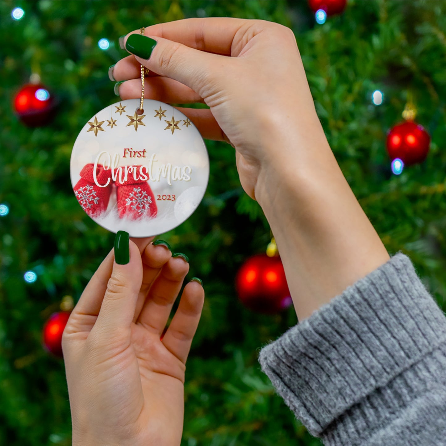 Baby's 1st Christmas Ornament, Baby Booties with Snowflakes: Ceramic Glossy Finish for Baby's First Christmas this 2023 holiday season!