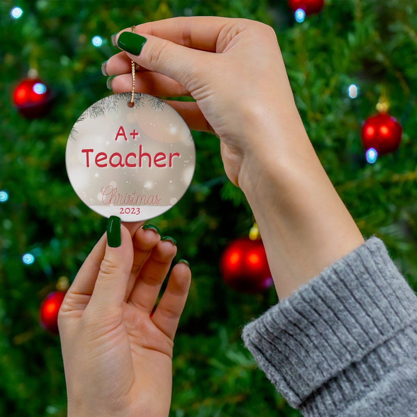A+ Teacher Christmas Ornament Pine Needles Sparkle Accent Christmas Magic for Best Teacher Ever Gift this 2023 holiday season!