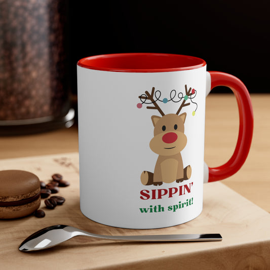 Sippin' with Spirit Red Nosed Reindeer Color Lights Holiday theme Christmas Gift Coffee Mug, 11oz in eye-catching 2-tone color scheme