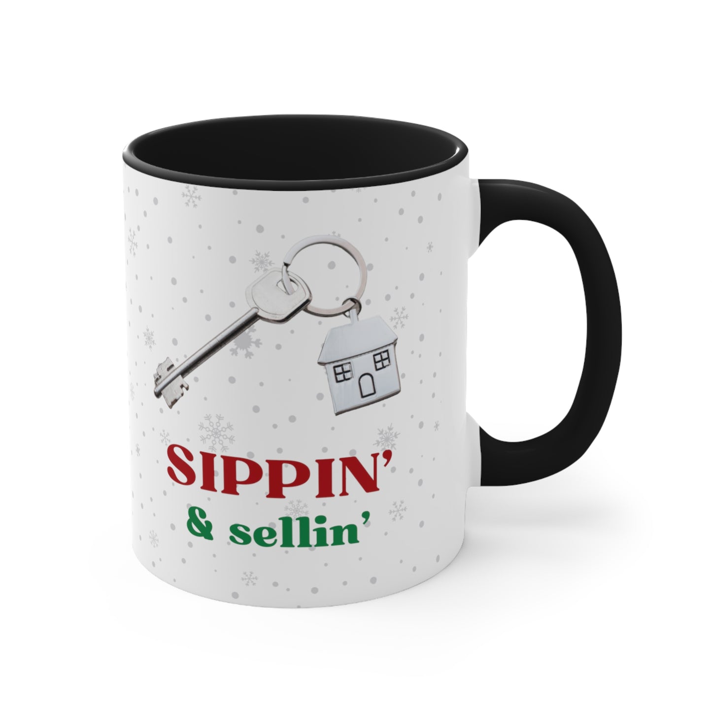 Sippin' & Sellin' House with Key, Snowflake Holiday theme Christmas Gift Coffee Mug, 11oz in eye-catching 2-tone color scheme