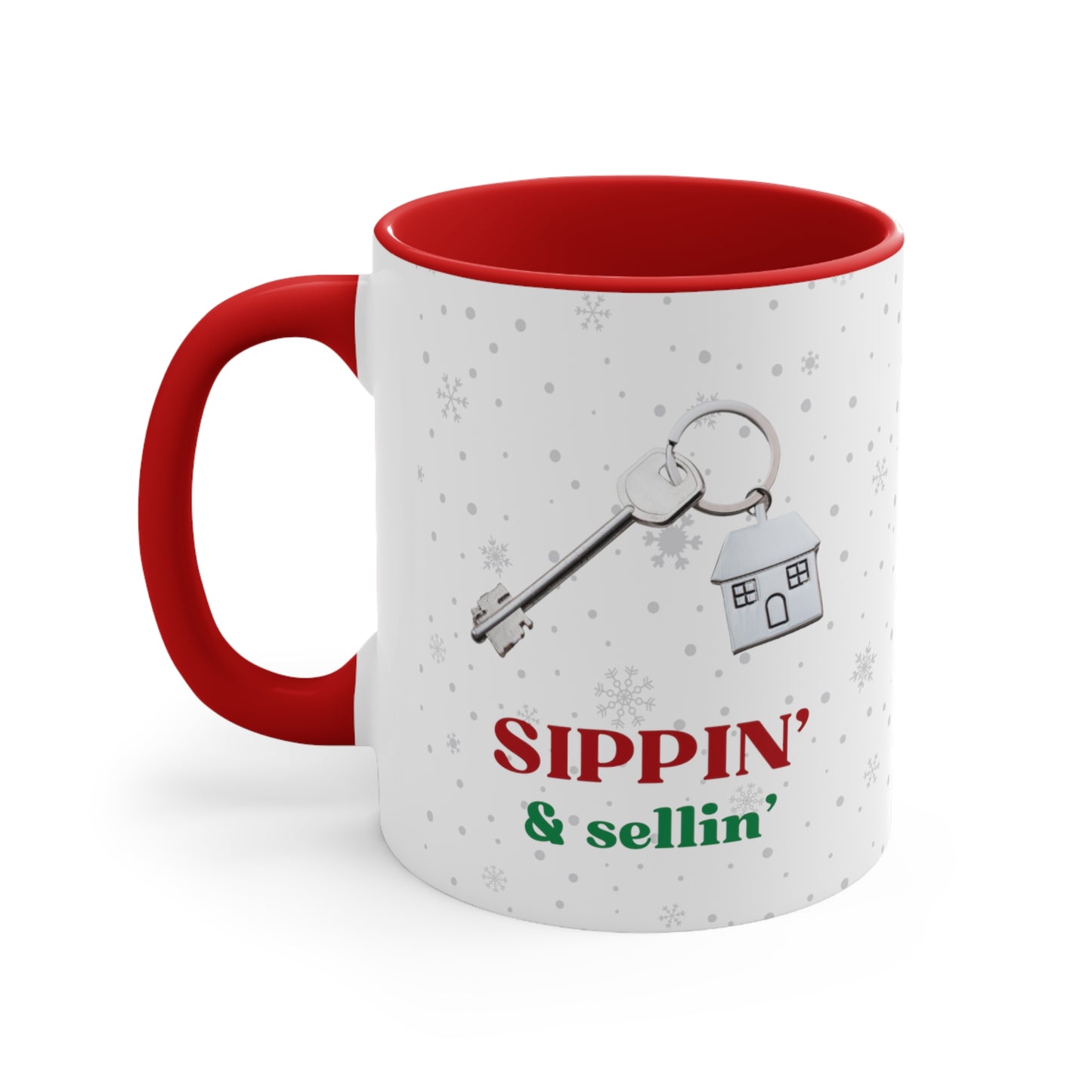 Sippin' & Sellin' House with Key, Snowflake Holiday theme Christmas Gift Coffee Mug, 11oz in eye-catching 2-tone color scheme