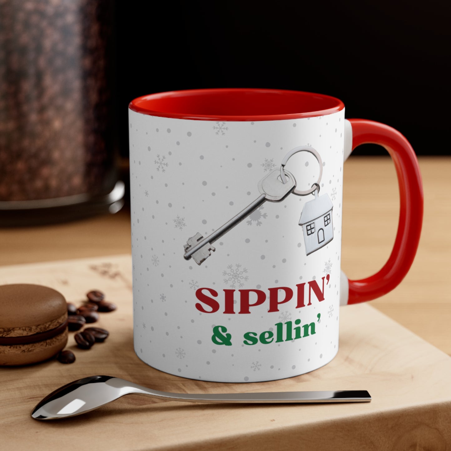 Sippin' & Sellin' House with Key, Snowflake Holiday theme Christmas Gift Coffee Mug, 11oz in eye-catching 2-tone color scheme