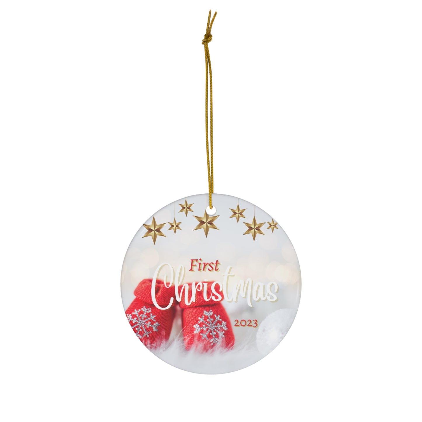 Baby's 1st Christmas Ornament, Baby Booties with Snowflakes: Ceramic Glossy Finish for Baby's First Christmas this 2023 holiday season!