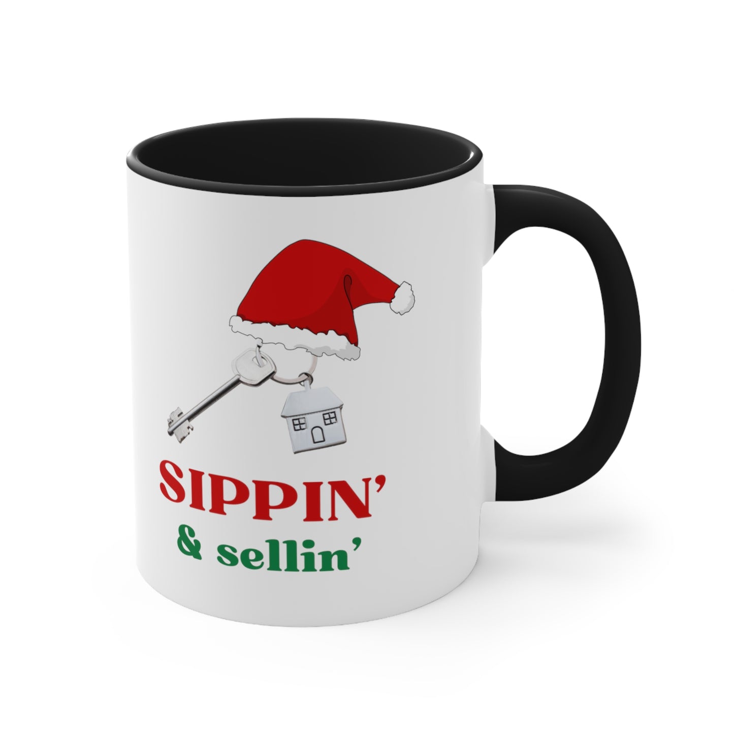 Sippin' & Sellin' Santa Hat on House with Key Holiday theme Christmas Gift Coffee Mug, 11oz in eye-catching 2-tone color scheme