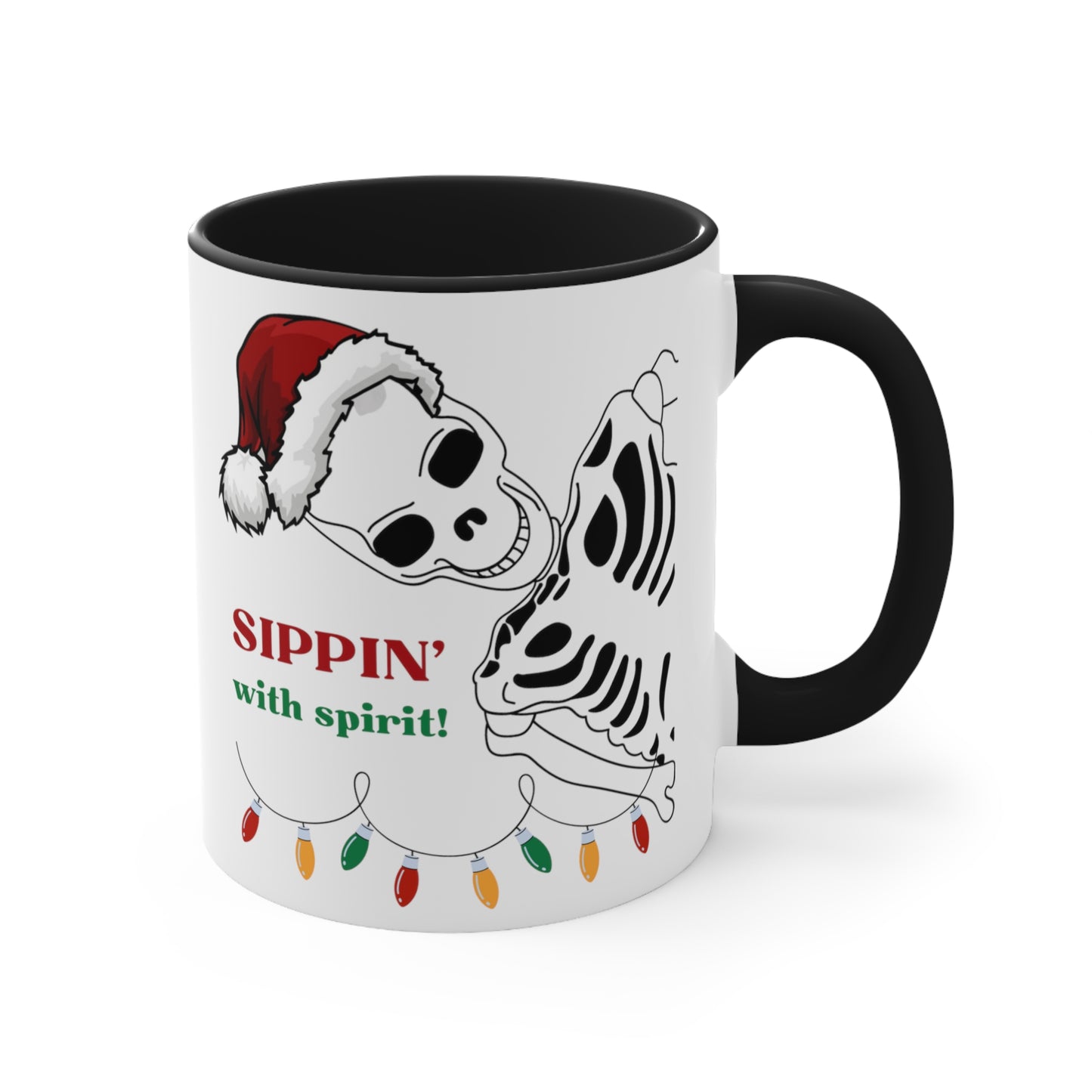 Sippin' with Spirit Skeleton in Santa Hat Color Lights Holiday theme Christmas Gift Coffee Mug, 11oz in eye-catching 2-tone color scheme