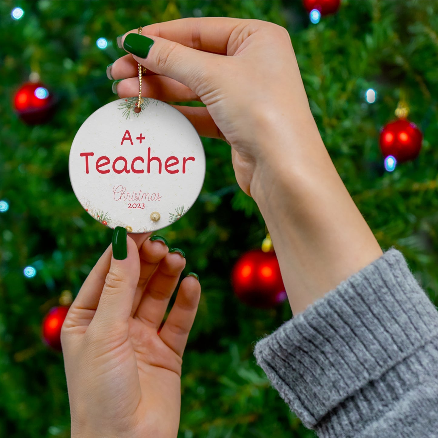 A+ Teacher Christmas Ornament Pine Tree with Gold Ball Ornament Accent in Ceramic for Best Teacher Ever Gift this 2023 holiday season!