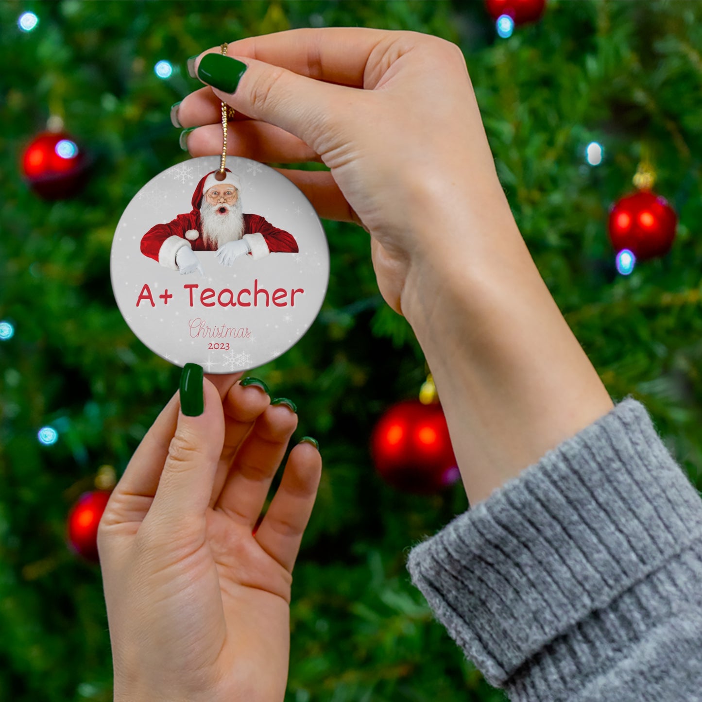 A+ Teacher Christmas Ornament SANTA Twinkle Accent in Ceramic Glossy Finish for Best Teacher Ever Gift this 2023 holiday season!