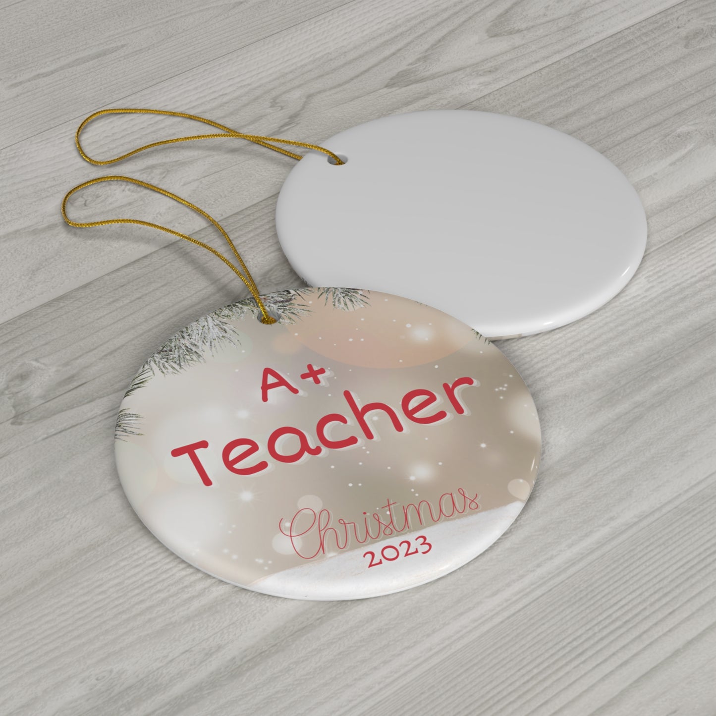 A+ Teacher Christmas Ornament Pine Needles Sparkle Accent Christmas Magic for Best Teacher Ever Gift this 2023 holiday season!