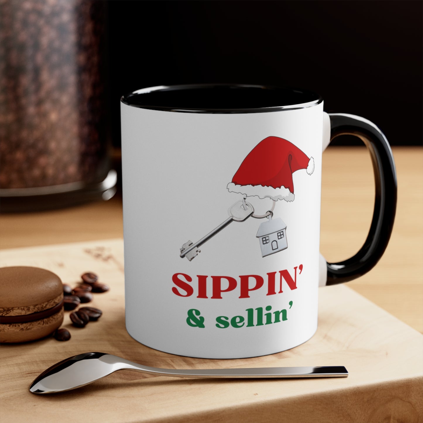 Sippin' & Sellin' Santa Hat on House with Key Holiday theme Christmas Gift Coffee Mug, 11oz in eye-catching 2-tone color scheme
