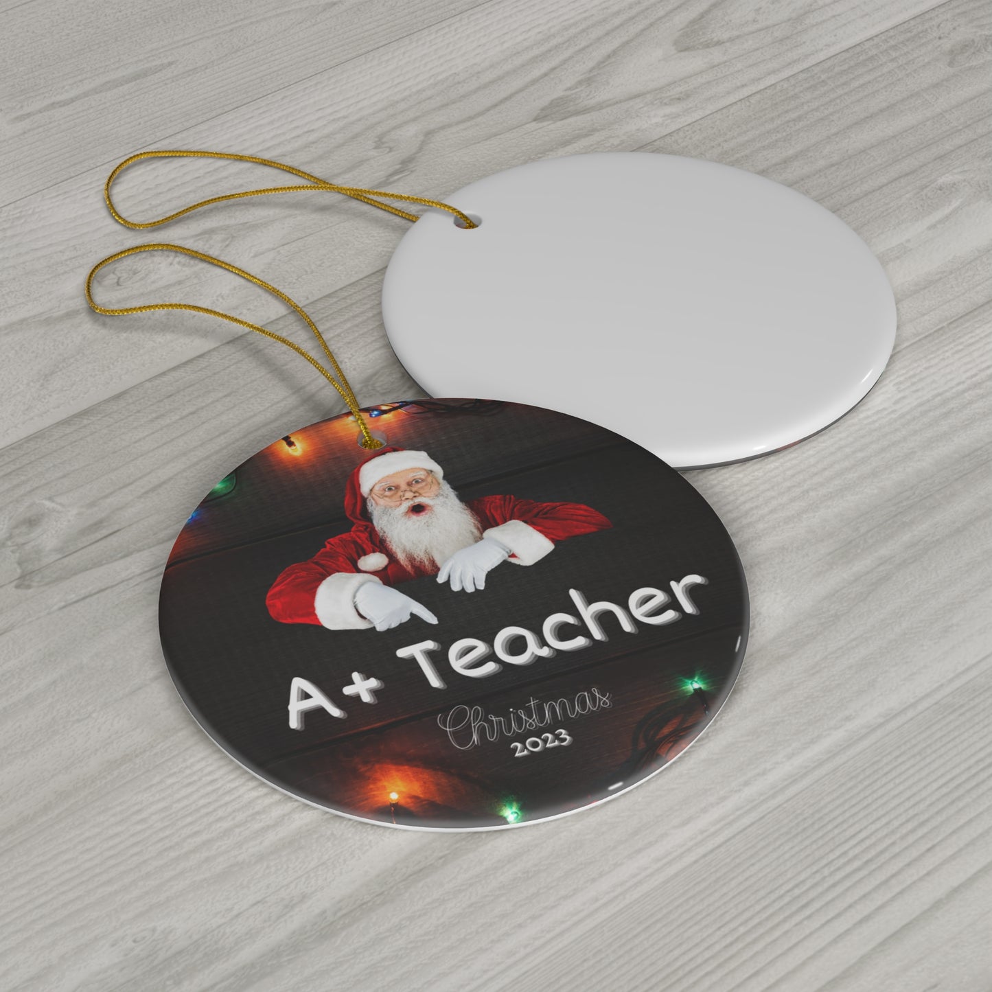 A+ Teacher Christmas Ornament SANTA Colored Lights Accent in Ceramic Glossy Finish for Best Teacher Ever Gift this 2023 holiday season!