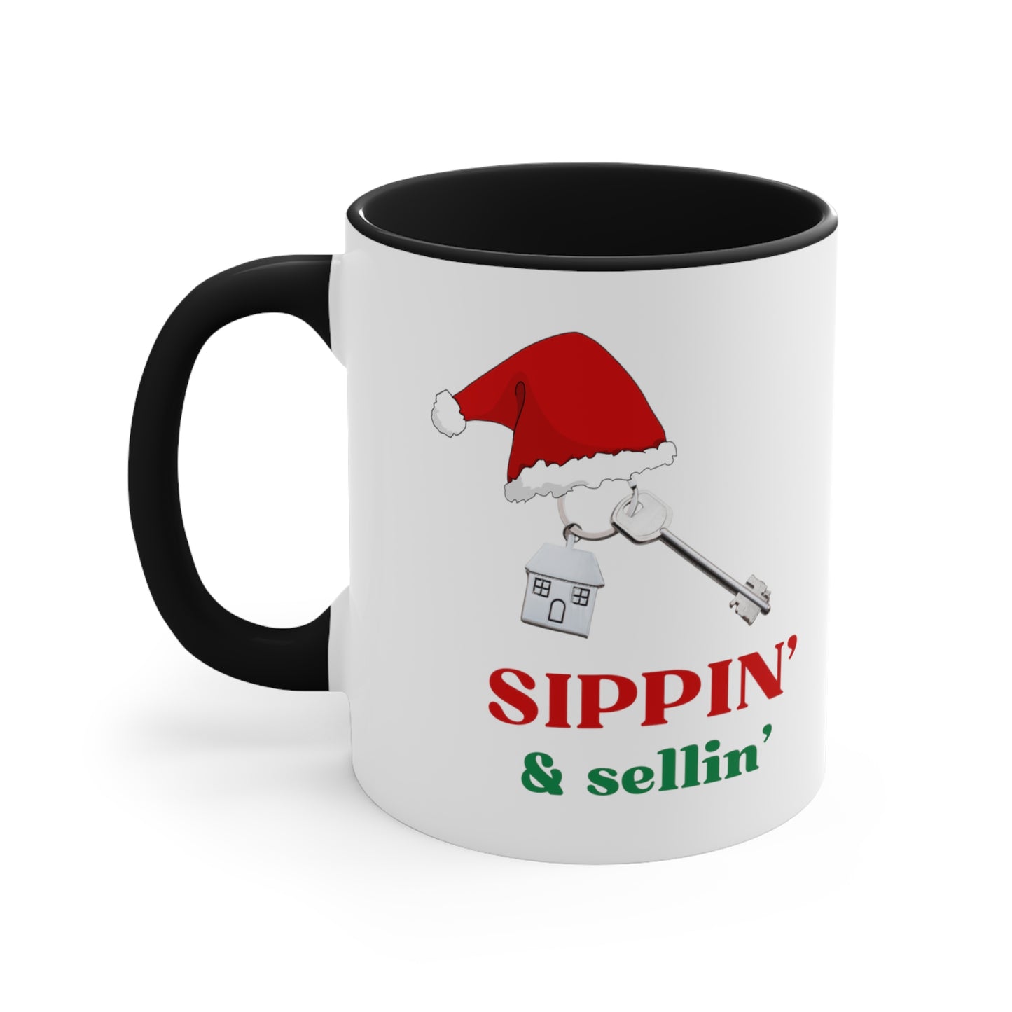 Sippin' & Sellin' Santa Hat on House with Key Holiday theme Christmas Gift Coffee Mug, 11oz in eye-catching 2-tone color scheme
