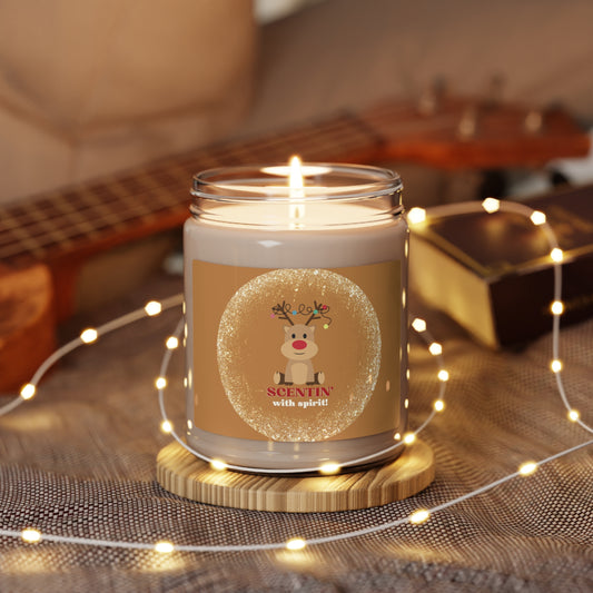 Red Nosed Reindeer "Scentin' with spirit" Christmas theme Scented Soy Candle, 9oz, in 2 Scents to choose from: Apple Harvest & Cinnamon Vanilla