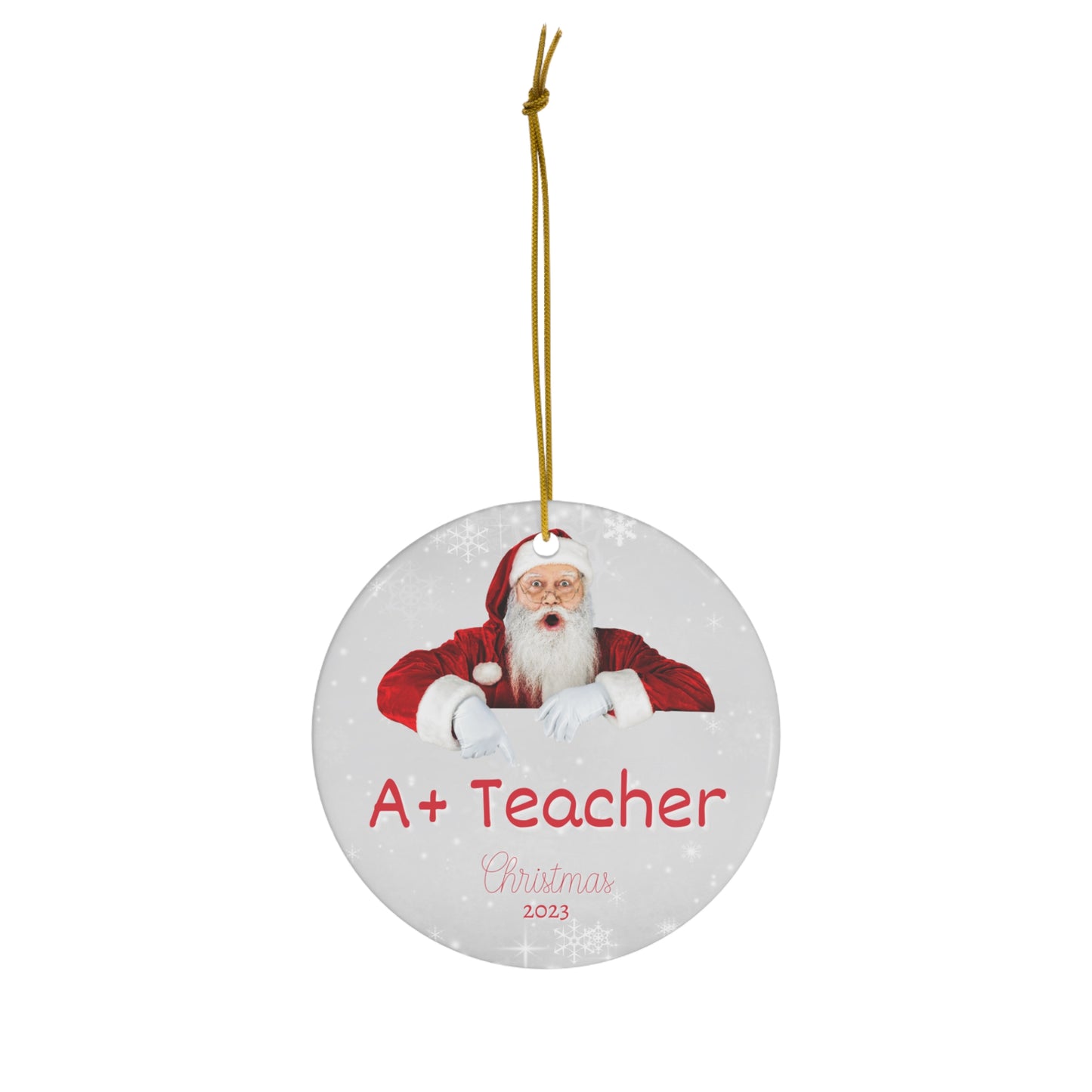 A+ Teacher Christmas Ornament SANTA Twinkle Accent in Ceramic Glossy Finish for Best Teacher Ever Gift this 2023 holiday season!