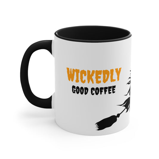 Wickedly Good Coffee Witch on Broom Halloween theme Coffee Mug, 11oz with comfortable C-handle in eye-catching 2-tone color scheme