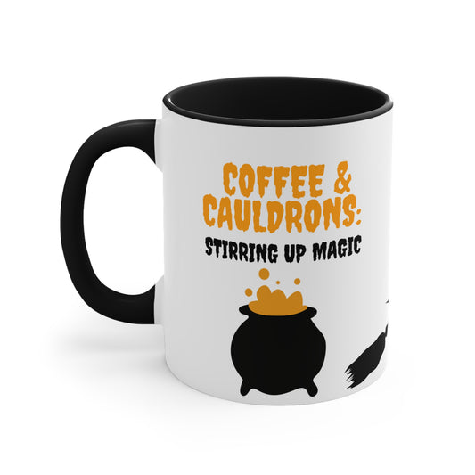 Coffee & Cauldrons - Witch on Broom Halloween theme Coffee Mug, 11oz with comfortable C-handle in eye-catching 2-tone color scheme
